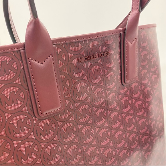 MICHAEL KORS Jodie Large Logo Jacquard Tote Carryall Handbag MK print Bag Merlot - Picture 9 of 13